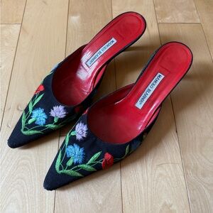 Manolo Blahnik // floral kitten heel mules